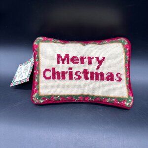Vintage Merry Christmas Pillow Decoration Wool Needlepoint Red Velvet Back 1994